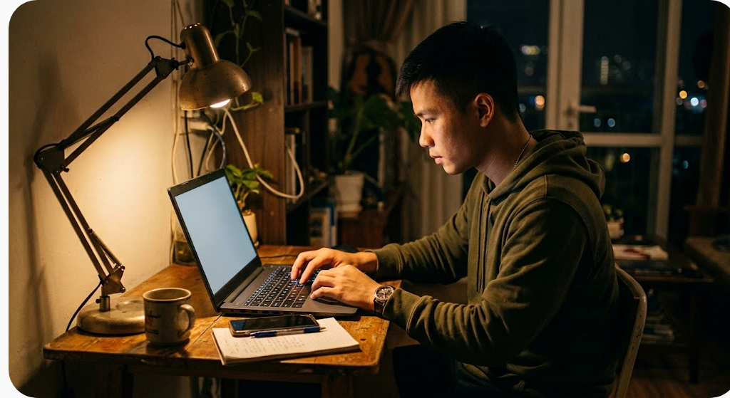 Người dùng gõ link vào Bong88 trên bàn phím laptop dưới ánh đèn bàn