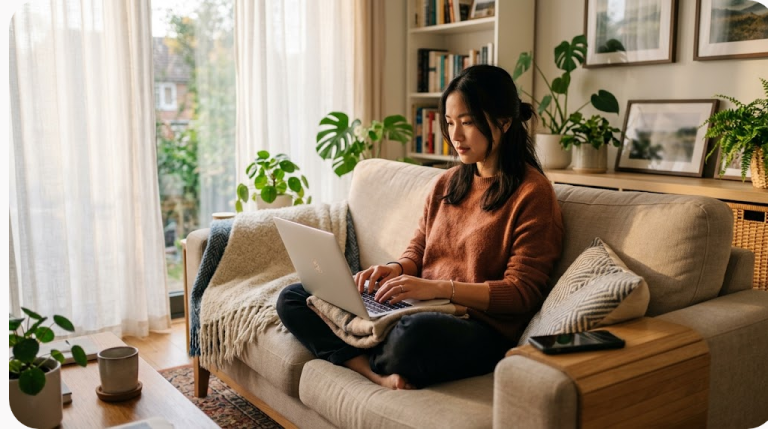 Cô gái ngồi trên ghế sofa gõ máy tính xách tay đặt trên đùi trong phòng khách