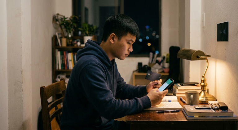 Người đàn ông ngồi bàn gỗ cầm điện thoại và thẻ ngân hàng lúc đêm khuya