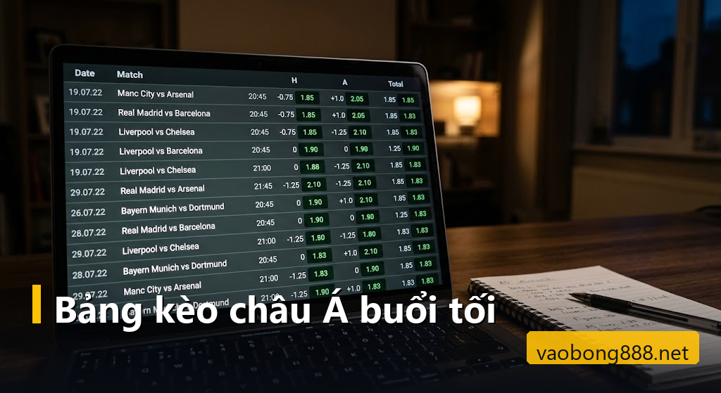 Máy tính xách tay hiển thị bảng kèo châu Á buổi tối với danh sách nhiều trận đấu