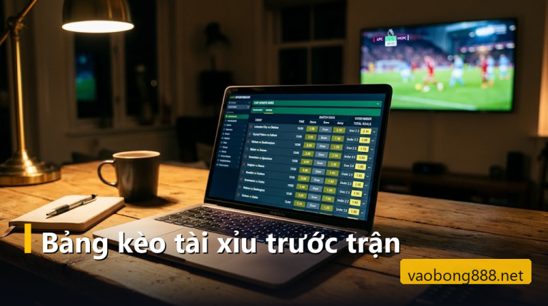 Laptop mở bảng kèo tài xỉu tổng số bàn bên cạnh tivi đang chiếu trận bóng