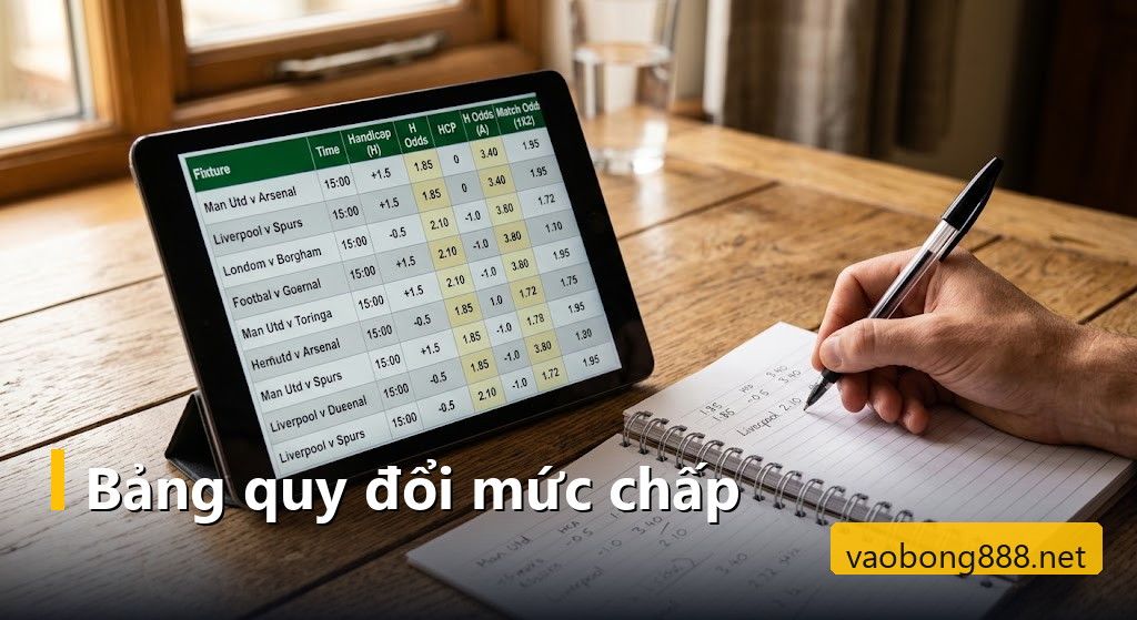 Máy tính bảng mở bảng quy đổi mức chấp bên cạnh sổ tay ghi chú của người xem kèo