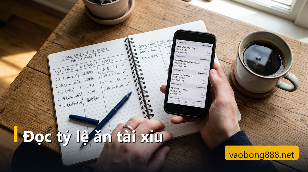 Người xem kèo ghi tay các mốc tài xỉu bên cạnh điện thoại đang mở danh sách trận đấu