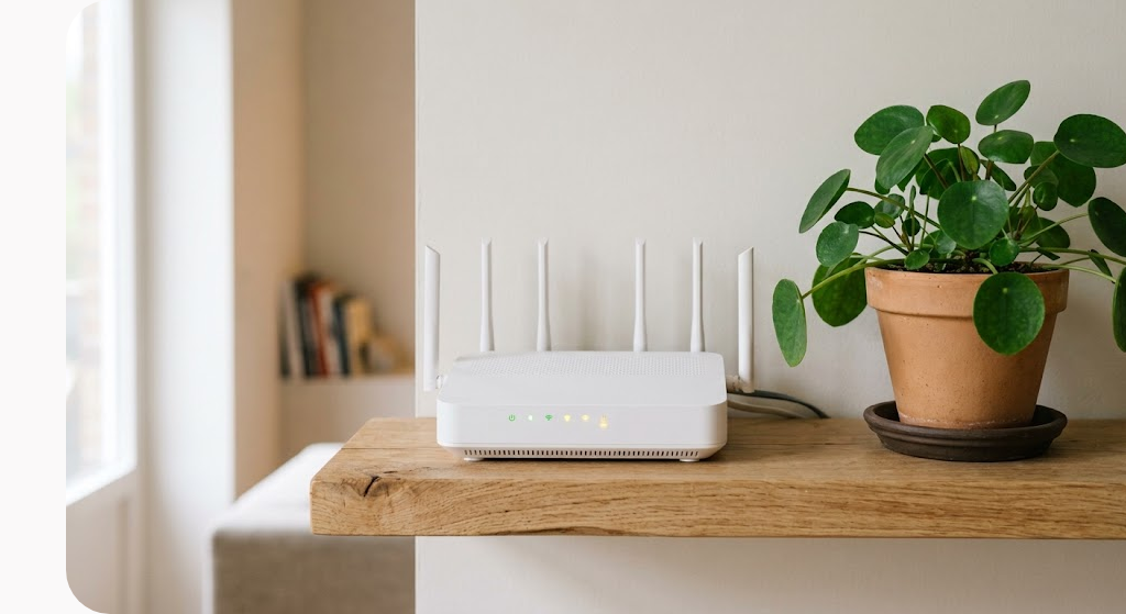 Bộ phát wifi gia đình đặt trên kệ gỗ cạnh chậu cây nhỏ