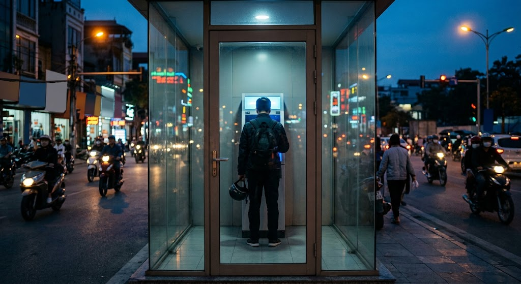 Cây ATM trong buồng kính buổi chiều tối với người đang đứng thao tác
