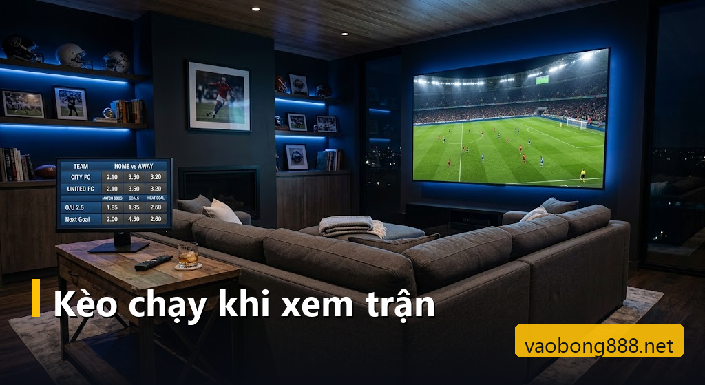 Phòng xem bóng đá với màn hình lớn chiếu trận đấu và bảng tỷ lệ kèo đặt bên cạnh