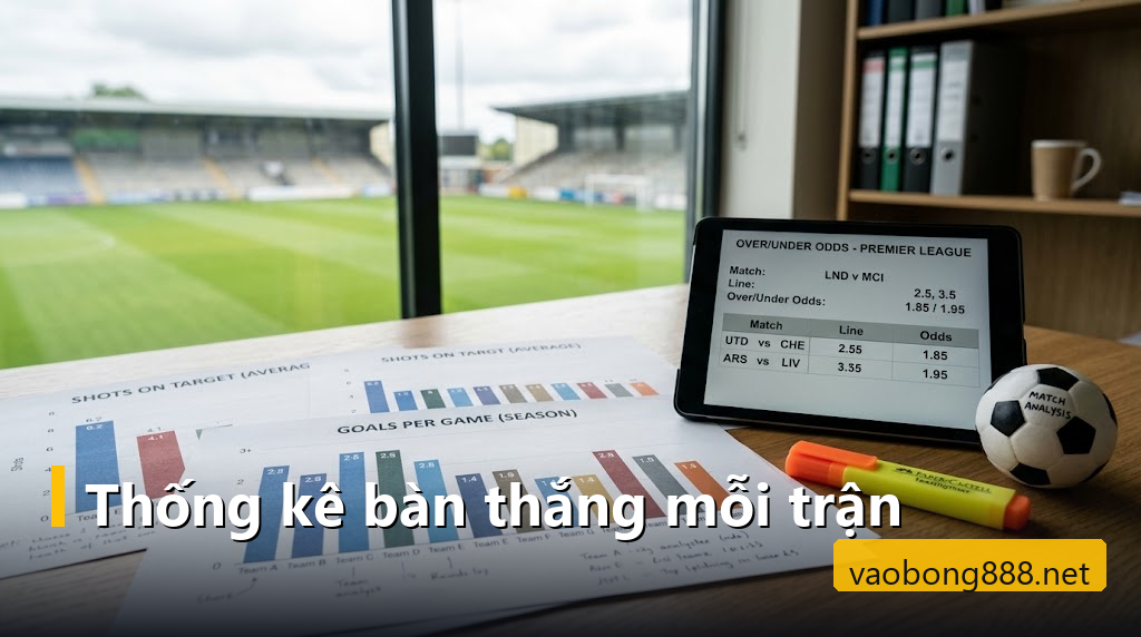 Bảng thống kê số bàn thắng trung bình mỗi trận đặt cạnh máy tính bảng xem kèo