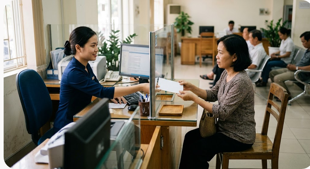Nhân viên ngân hàng trao giấy tờ cho khách nữ ngồi tại quầy giao dịch