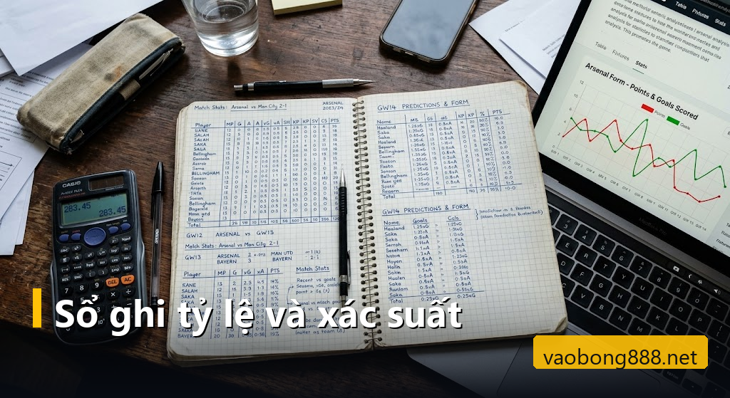 Sổ tay ghi bảng tỷ lệ kèo cùng máy tính cầm tay và biểu đồ thống kê trận đấu
