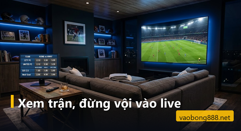 Phòng xem bóng với màn hình lớn chiếu trận đấu và bảng tỷ lệ tài xỉu 2.5 bên cạnh
