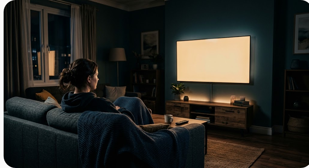 Người ngồi trên ghế sofa trong phòng khách tối xem màn hình tivi lớn