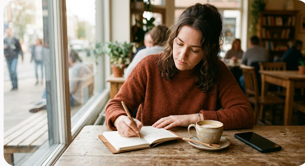 Người phụ nữ ghi chép vào sổ tay bên tách cà phê cạnh cửa sổ quán