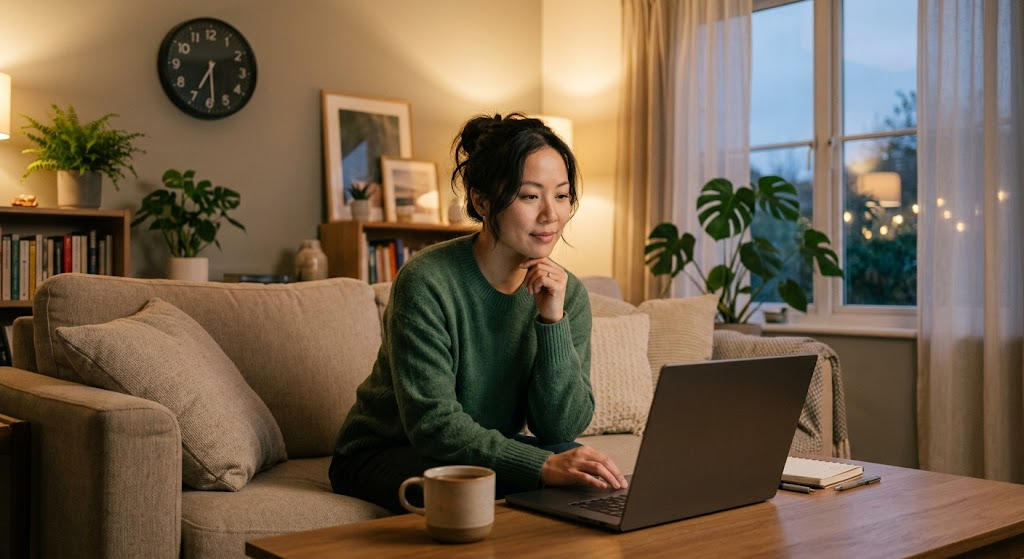 Người phụ nữ ngồi ghế sofa nhìn màn hình laptop với vẻ mặt cân nhắc