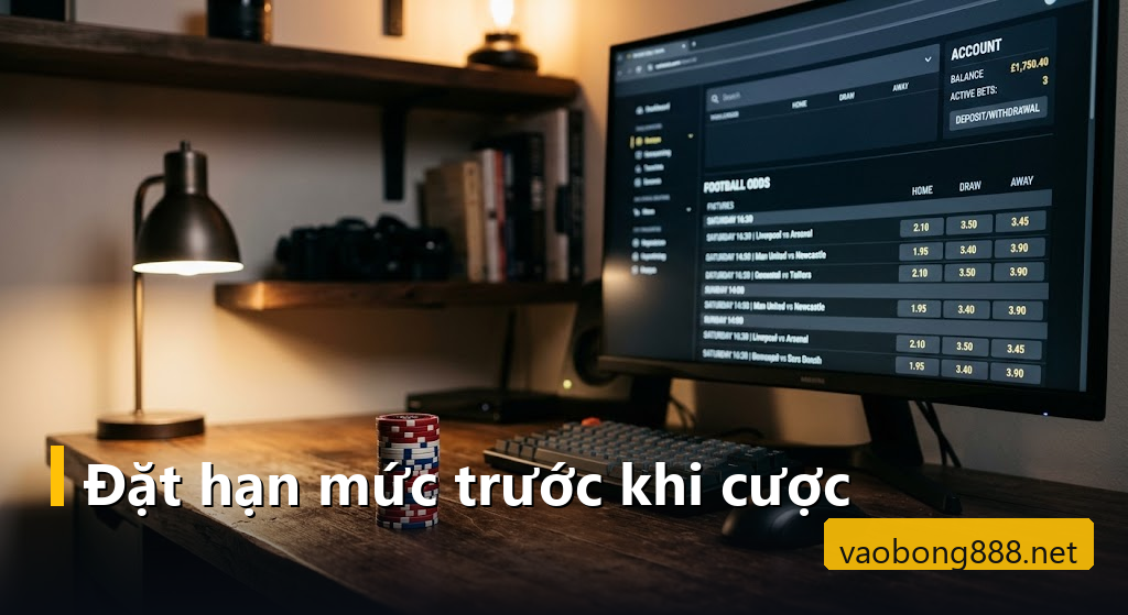 Màn hình máy tính mở bảng kèo châu Á bên cạnh chồng phỉnh cược trên bàn gỗ