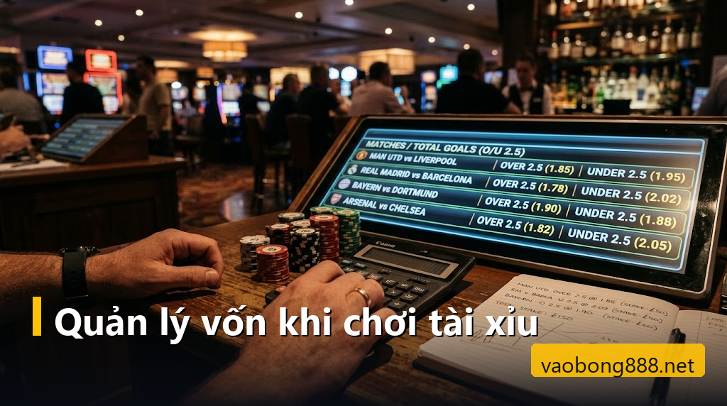 Bàn tay bấm máy tính cạnh chồng phỉnh và màn hình tỷ lệ tài xỉu nhiều trận