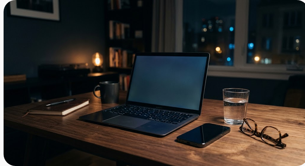 Góc làm việc đêm khuya với màn hình laptop sáng nhẹ và điện thoại đặt bên cạnh