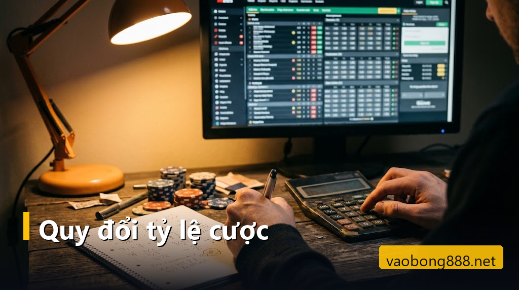 Bàn tay bấm máy tính cạnh màn hình tỷ lệ cược và chồng phỉnh