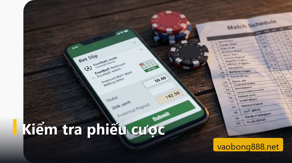 Phiếu cược bóng đá trên điện thoại với ô tiền cược và tiền thắng dự kiến